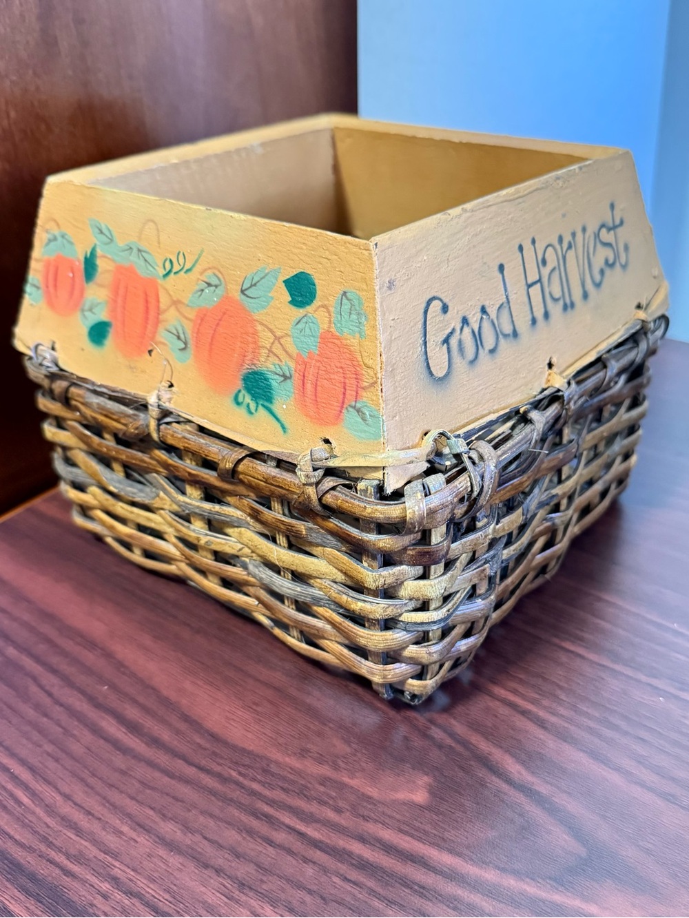 Good Harvest & Pumpkin Square Wicker/Wood Basket, Country Decor, Thanksgiving